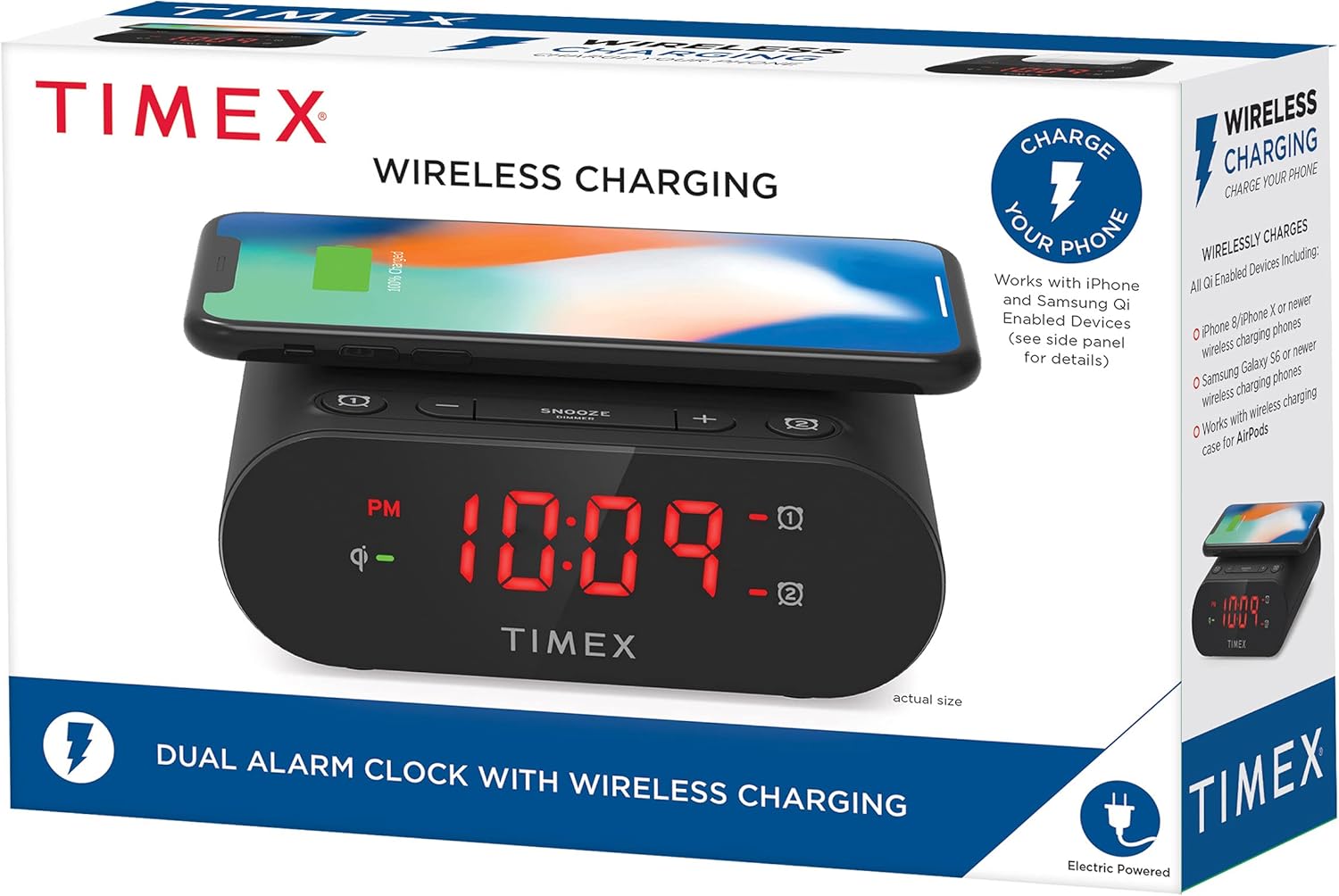 Timex Wireless Charging Dual Alarm Clock with LED Display and Battery Backup