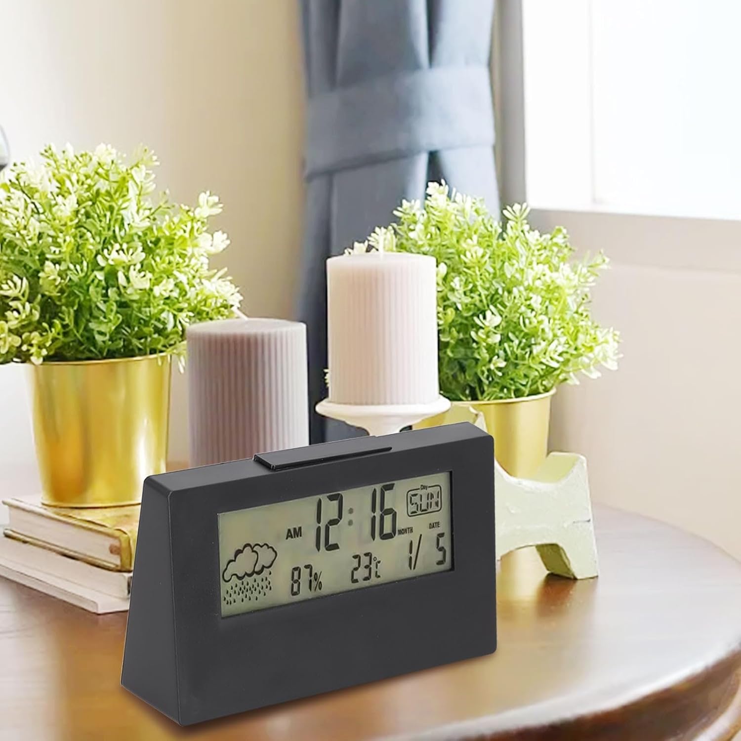 Tactile Snooze Alarm Clock with Weather Temperature Display Black Night Light