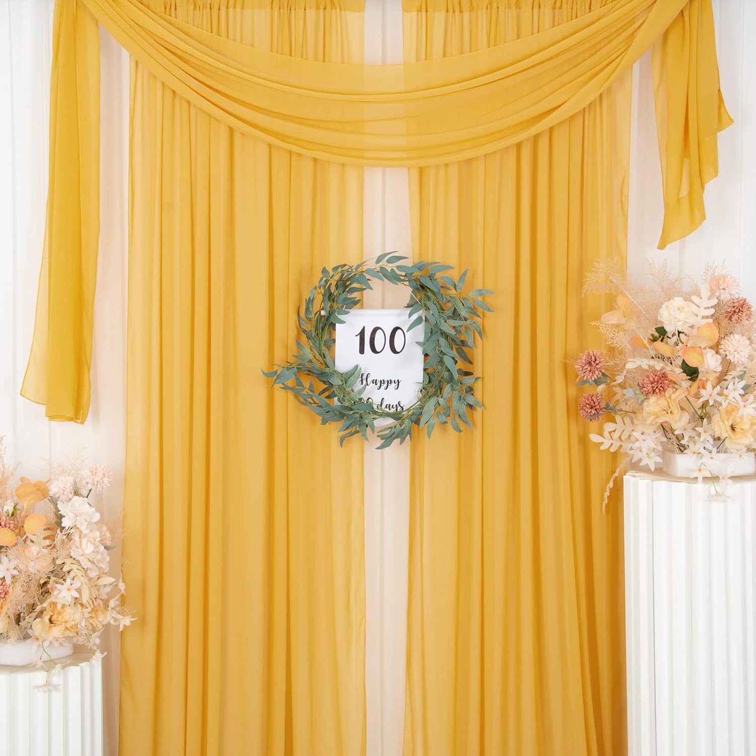 ShinyBeauty Gold Chiffon Curtain Panels 29x96 2PCS