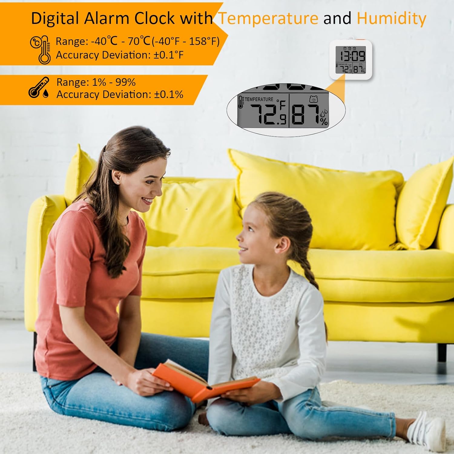 WinFong Small Digital Alarm Clock with 3 Bells and Temperature Humidity Display