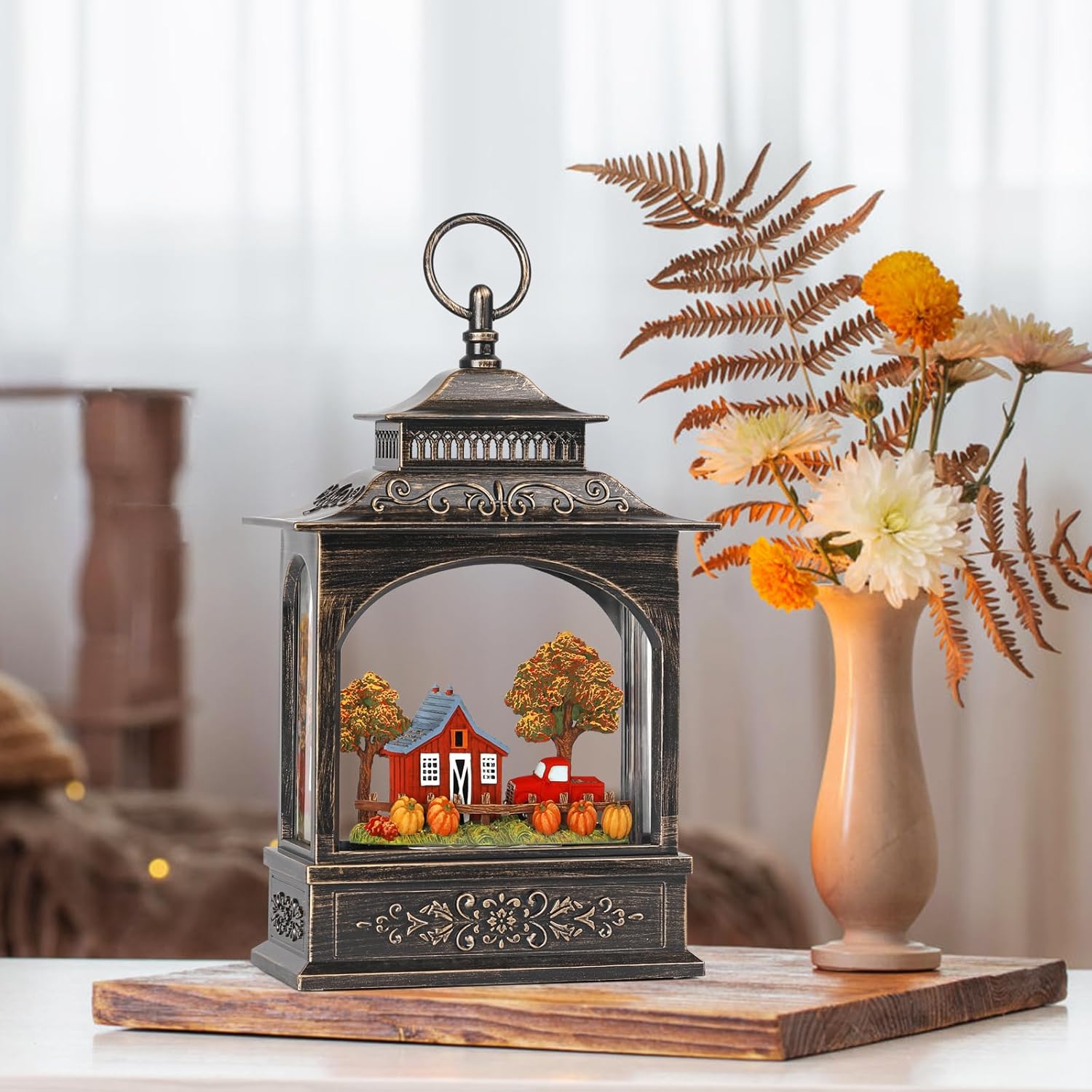 Fall Snow Globe Lantern with Timer and 2 Power Options