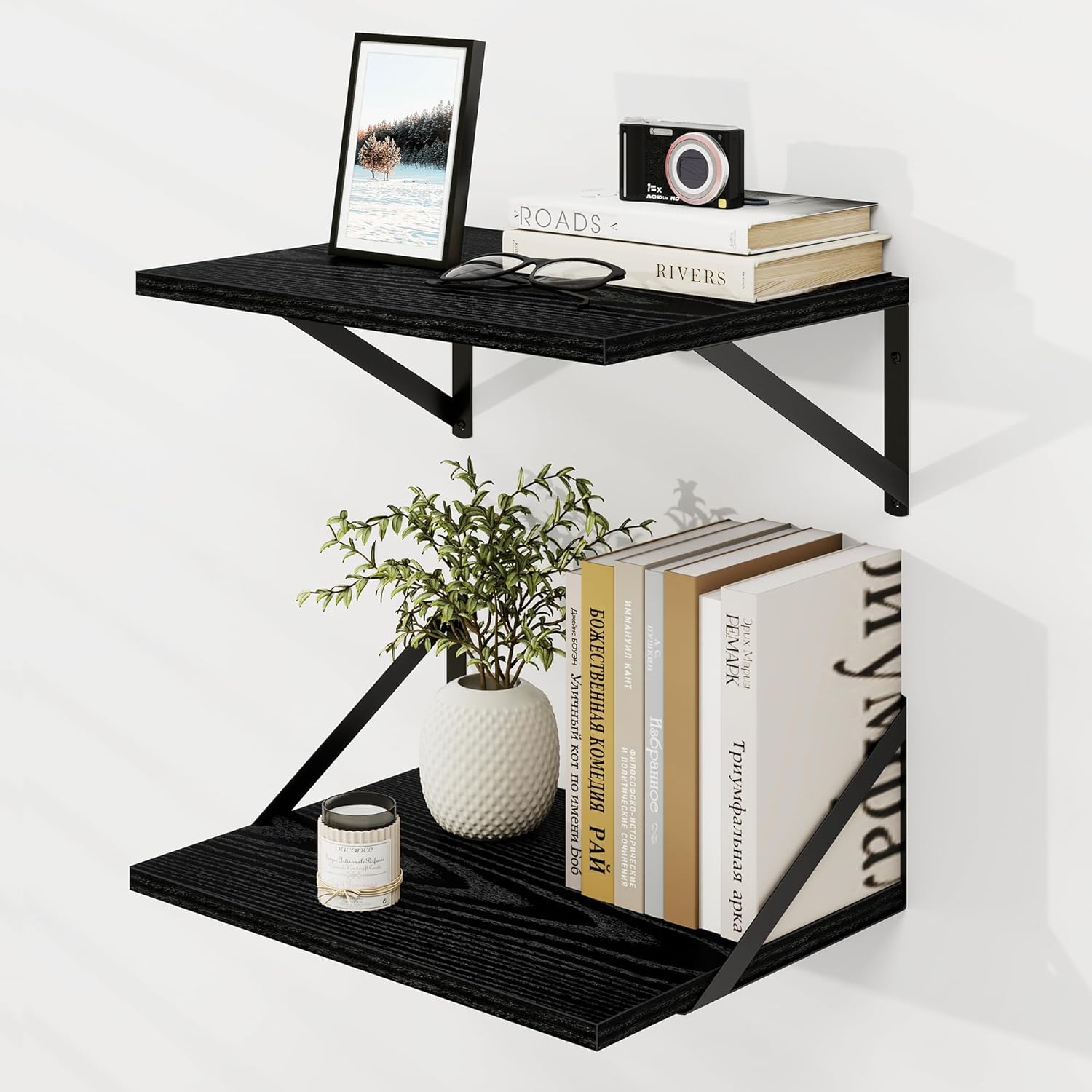 Black Wood Floating Shelves Set of 2 12x16 Inch