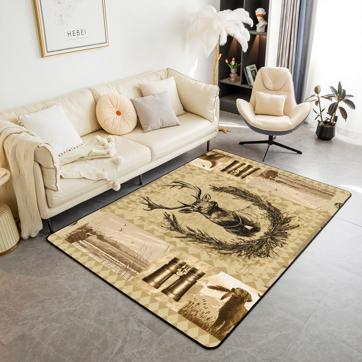 Elk Deer Antlers Area Rug 5x7 Bohemian Pattern