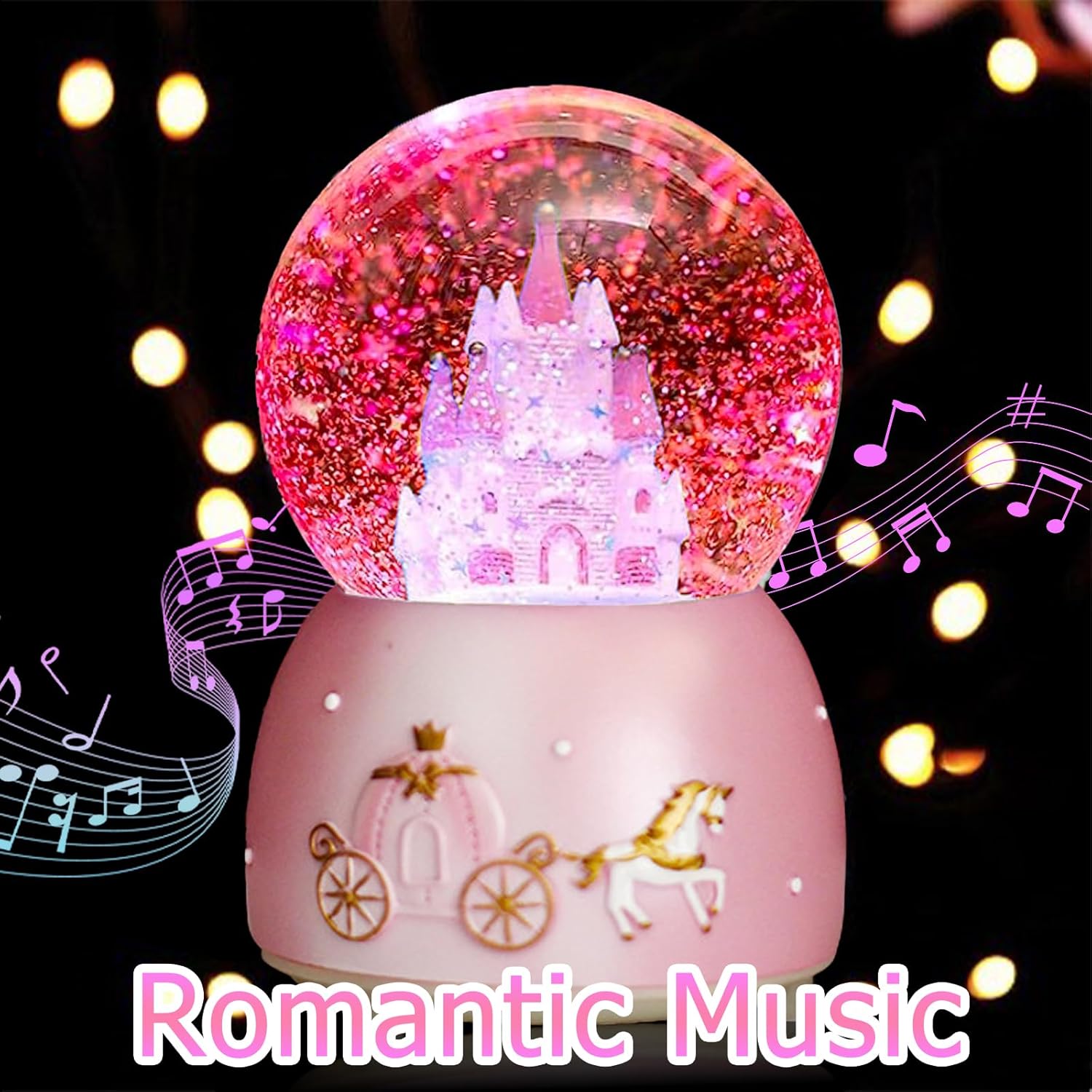 Cevly Castle Snow Globe Music Box with LED Lights Pink