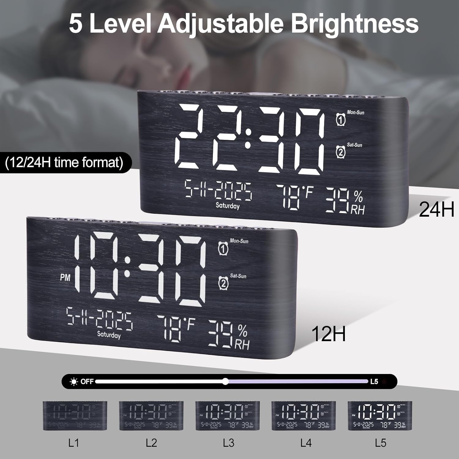 PPLEE 87 Inch Digital Alarm Clock with Temperature Humidity and USB Charging