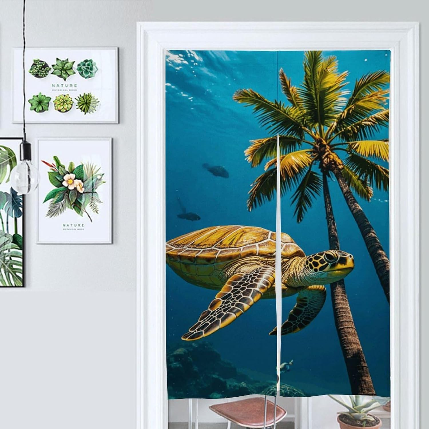 Palm Trees and Sea Turtles Diving Underwater Door Curtain 57x17 Inches