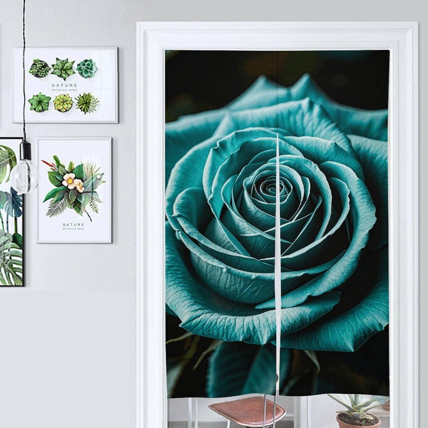 Teal Gray Rose Door Cover Curtain 57x17 Inches