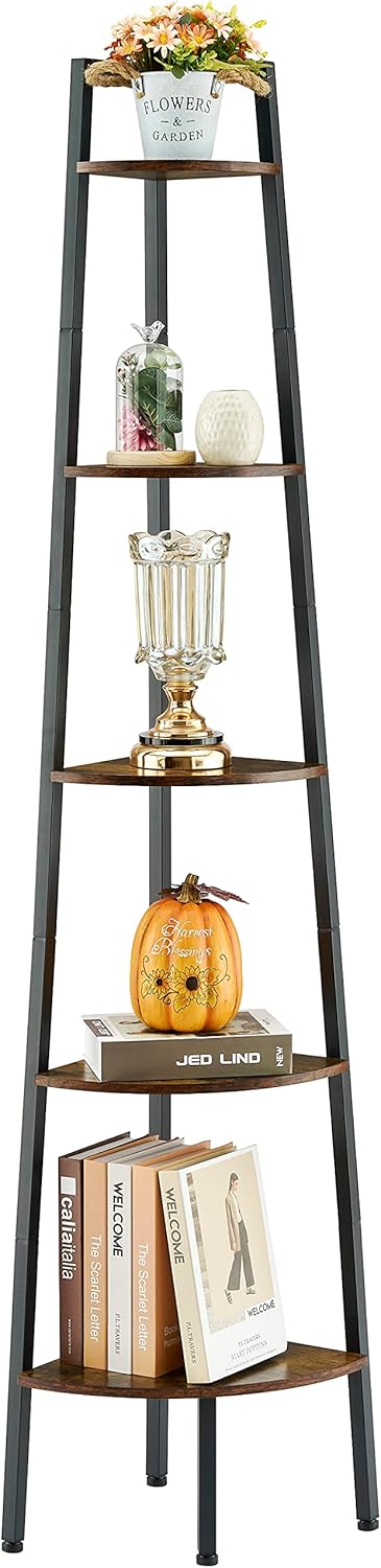Hoctieon 5-Tier Corner Bookshelf with Rustic Brown Finish