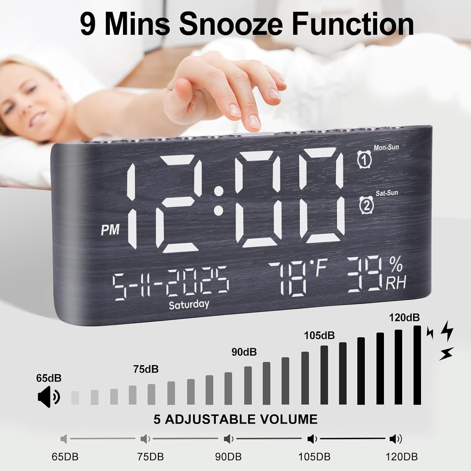 PPLEE 87 Inch Digital Alarm Clock with Temperature Humidity and USB Charging