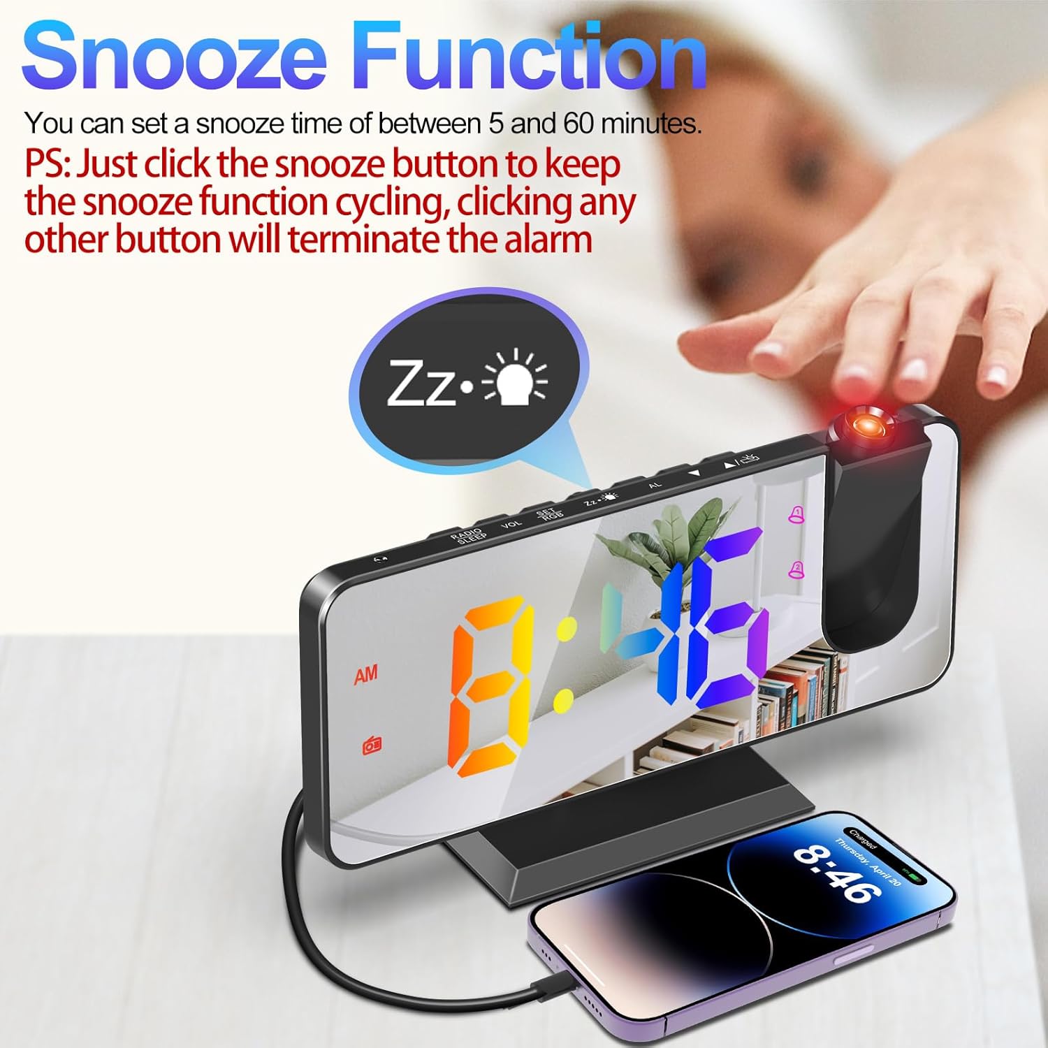 TAKRINK Projection Alarm Clock with Ceiling Projector and Dual Alarms