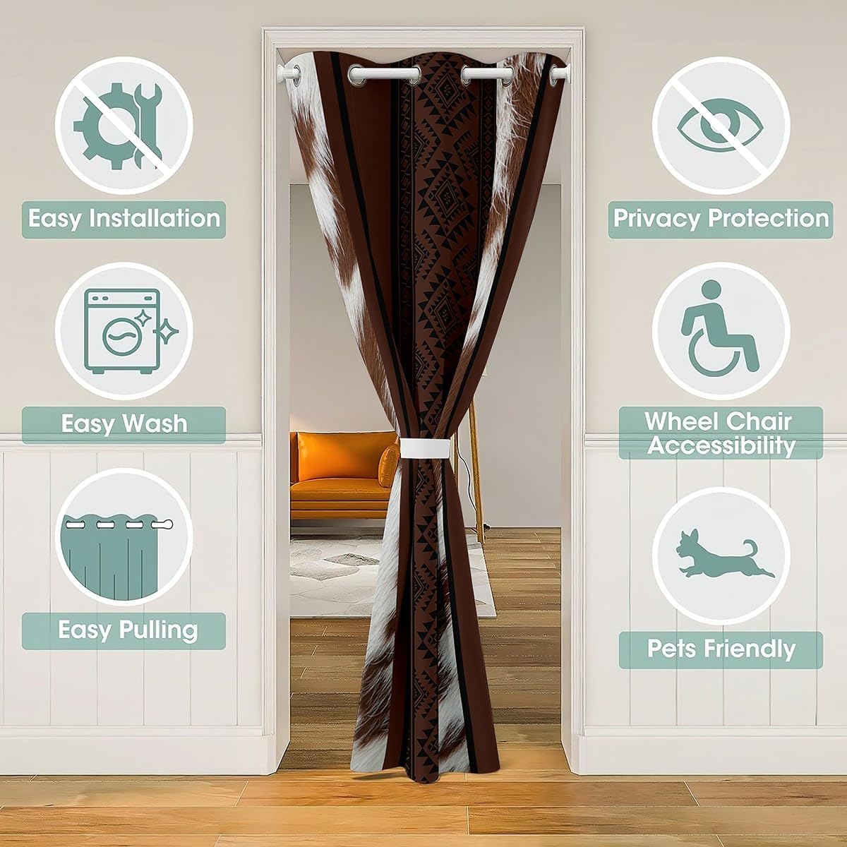 Rustic Farmhouse Door Curtain with Cow Skin Print