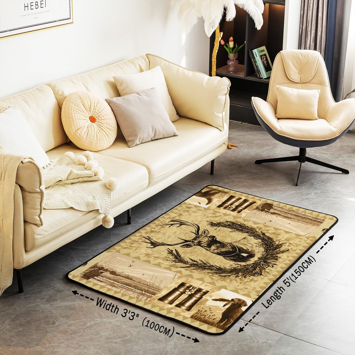 Elk Deer Antlers Area Rug 5x7 Bohemian Pattern
