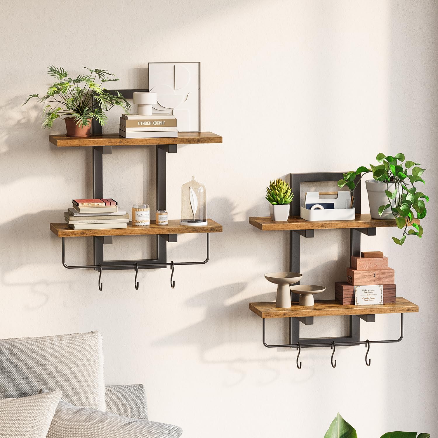 2 Tier Floating Shelves for Wall with Hooks