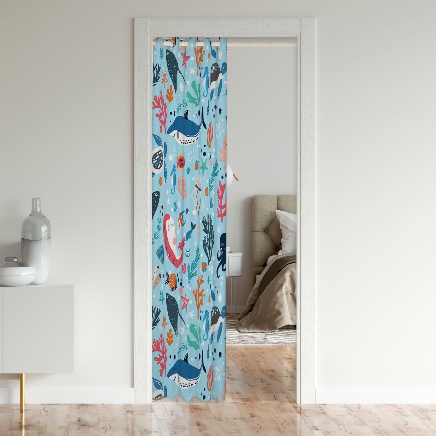 Underwater World Door Curtain with Dolphin and Shark Design