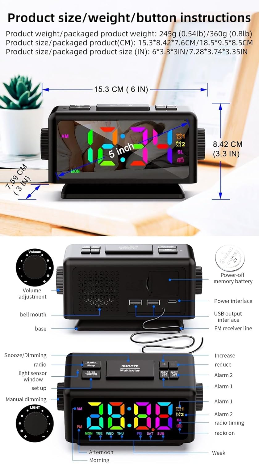 YHFITN RGB Alarm Clock with Perpetual Calendar and FM Radio