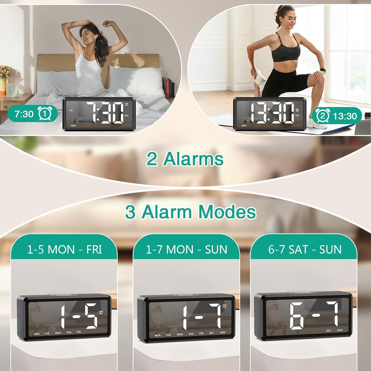 ORIA Wooden Digital Alarm Clock with LED Mirror and Dual Alarms
