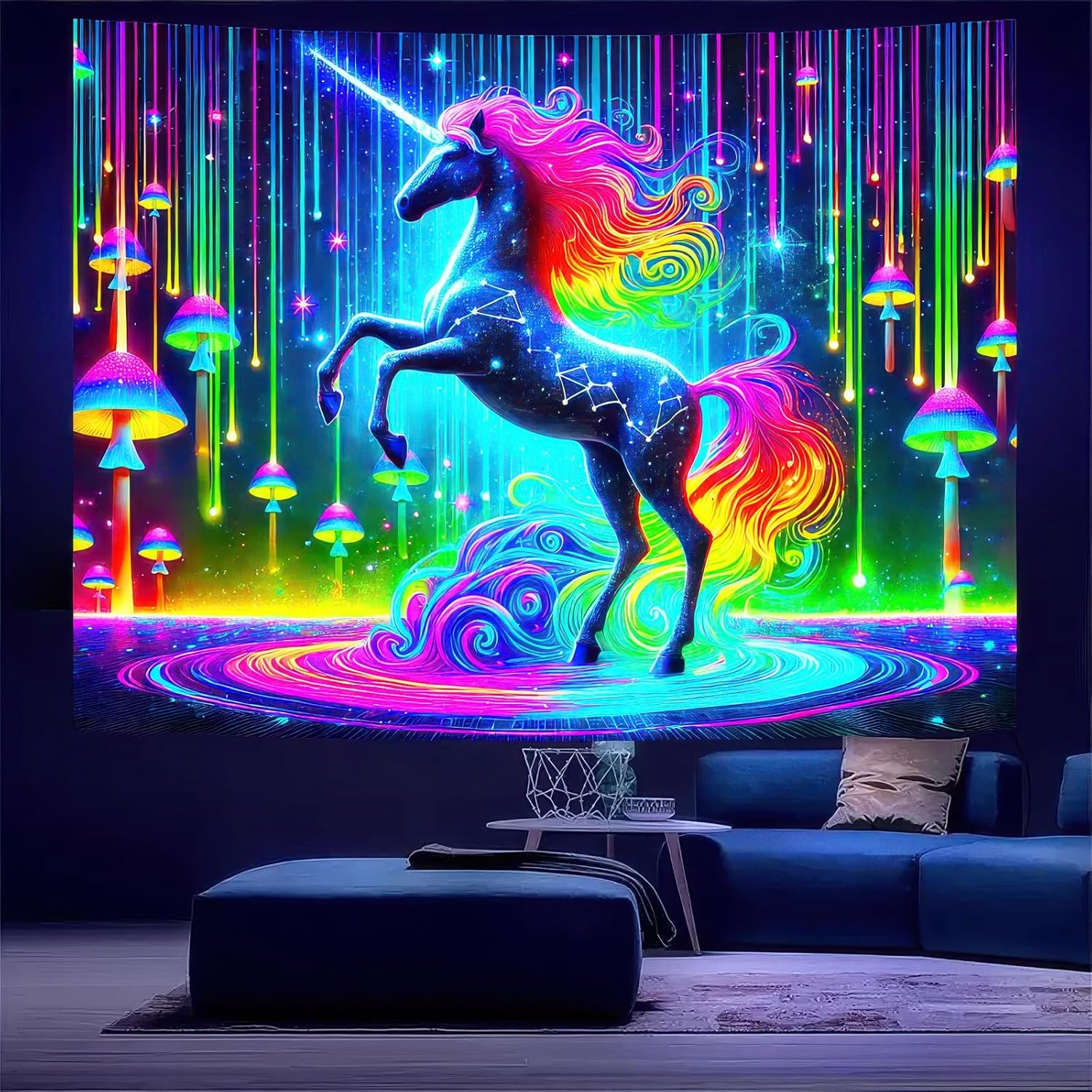 BlissYard UV Reactive Unicorn Wall Tapestry