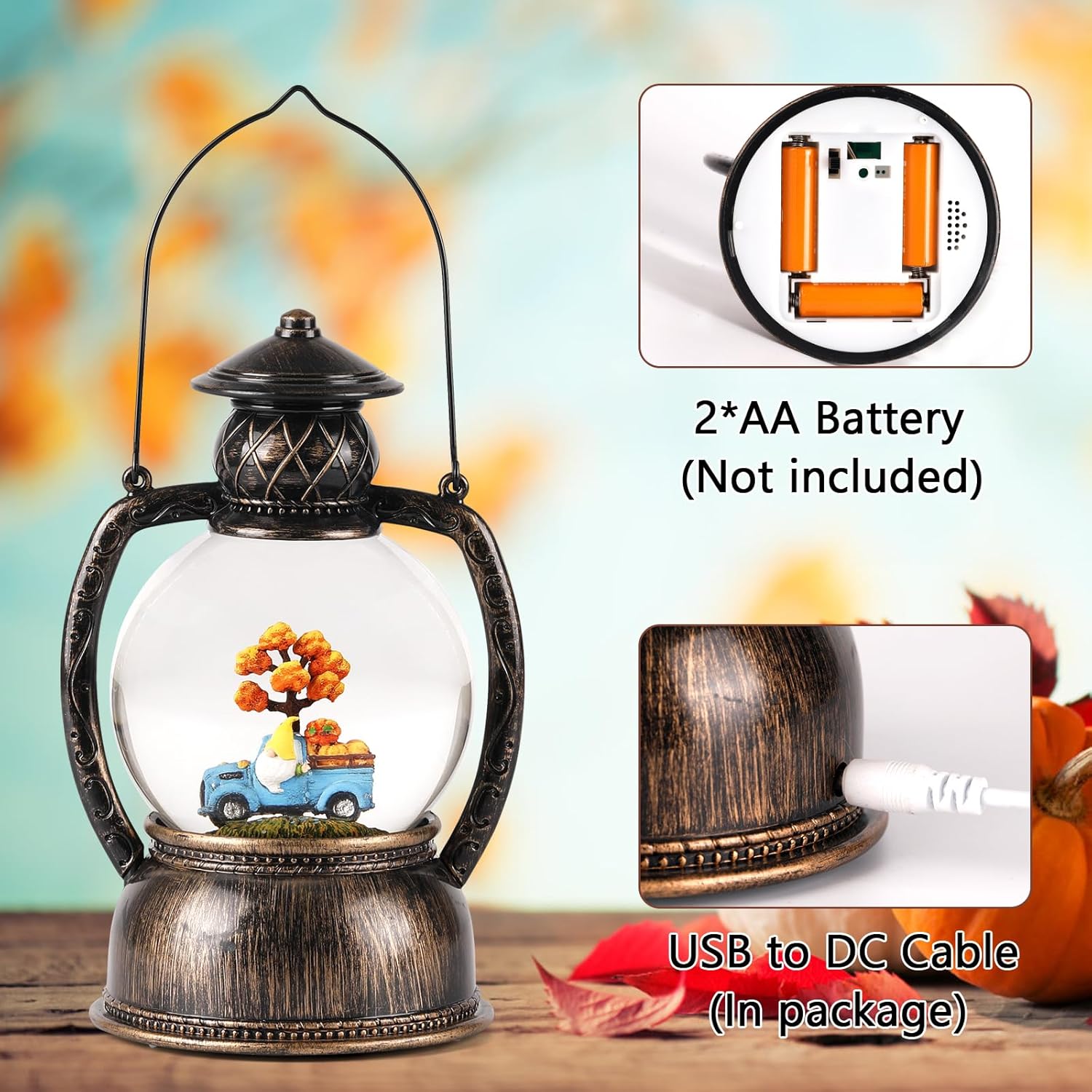 Fall Snow Globes Blue Truck Pumpkin and Gnome Scene Snow Globe Lantern