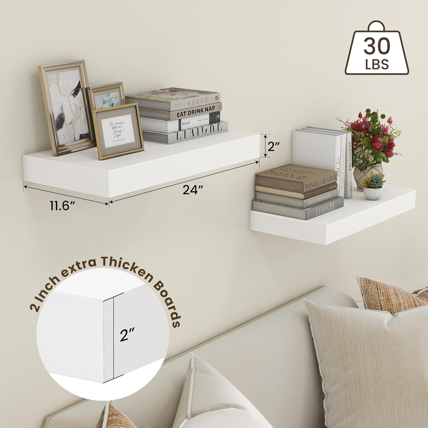 White Floating Shelves Set of 2 24x12 Deep Wood Shelves