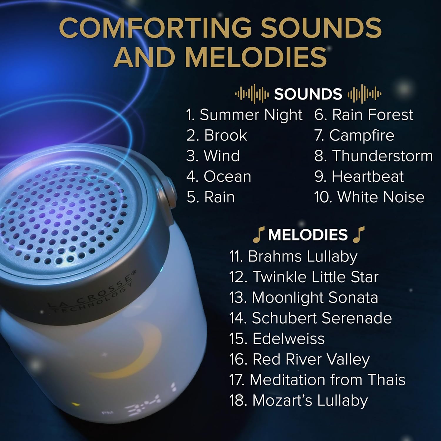 La Crosse Technology Firefly Sound Machine with Alarm Clock and Bluetooth Speaker