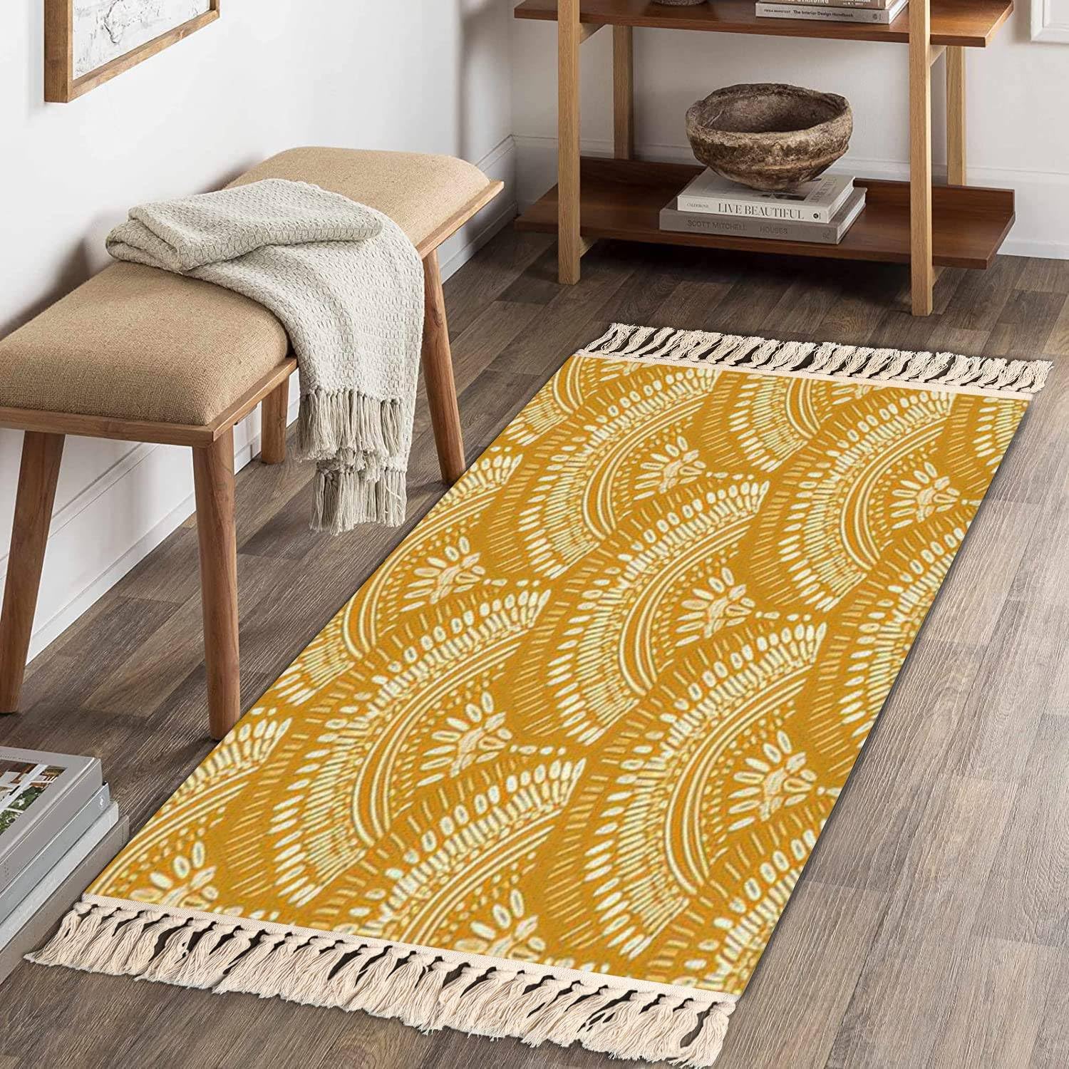 Boho Kid Bedroom Playroom Area Rug Mustard Yellow Tassels Carpet Mat Pad
