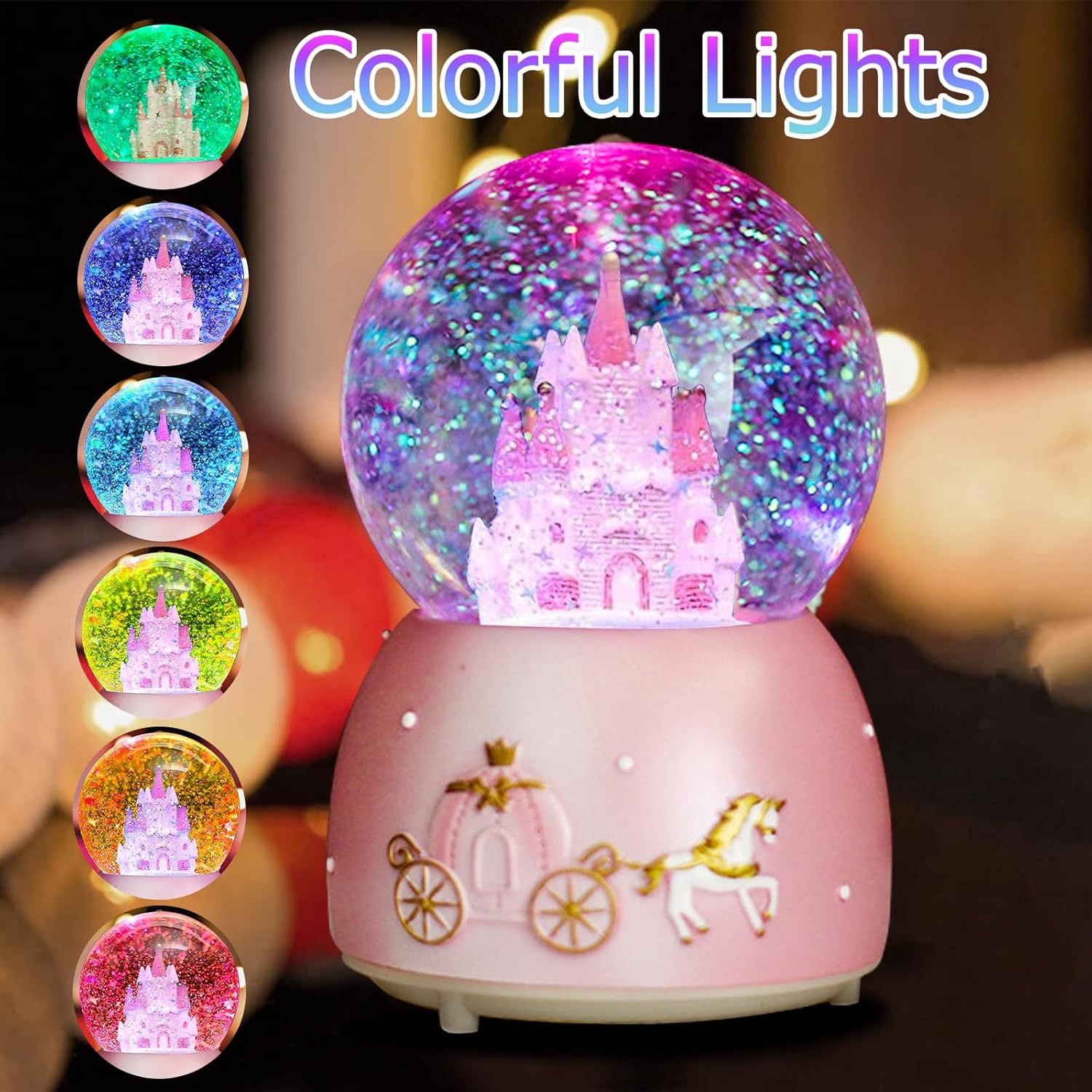 Cevly Castle Snow Globe Music Box with LED Lights Pink