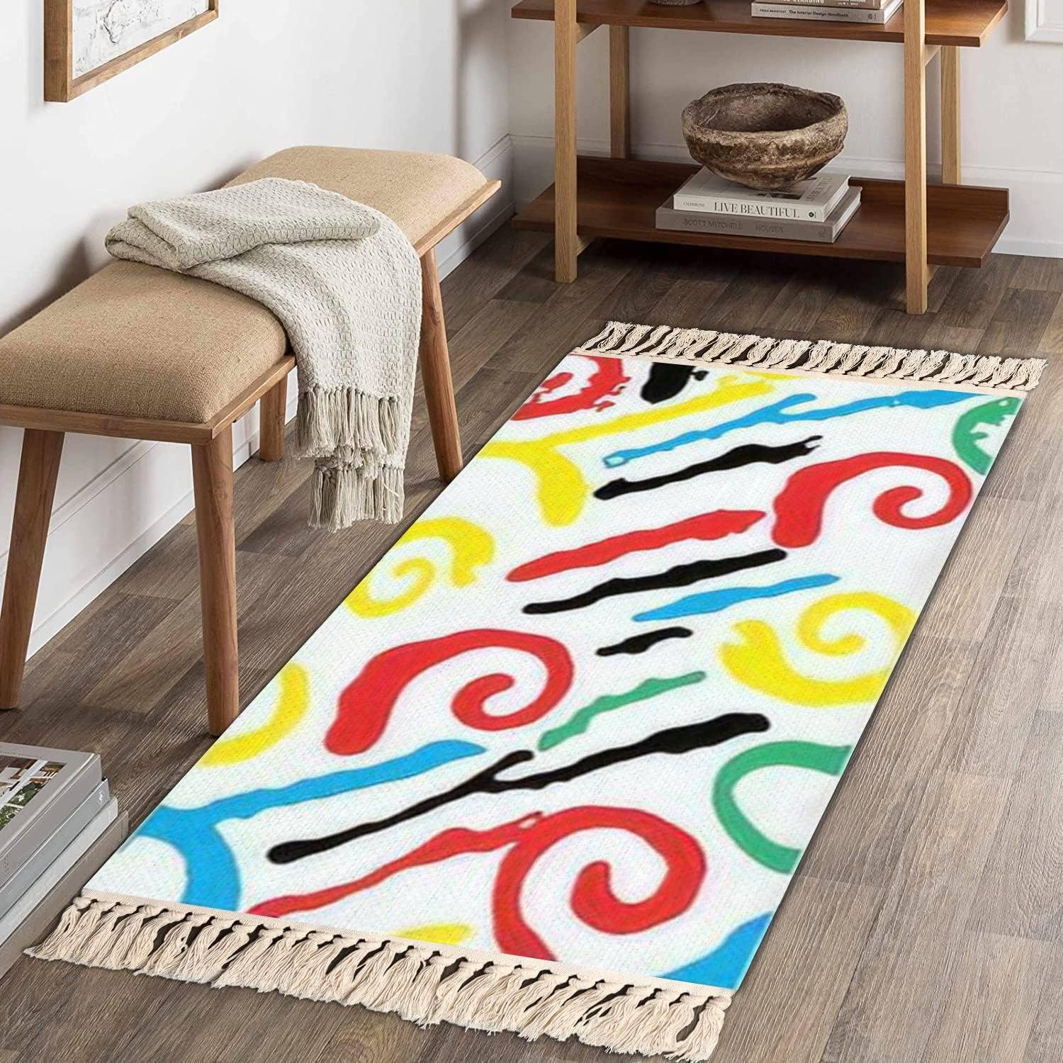 Boho Kid Bedroom Area Rug with Tassels and Blue Design