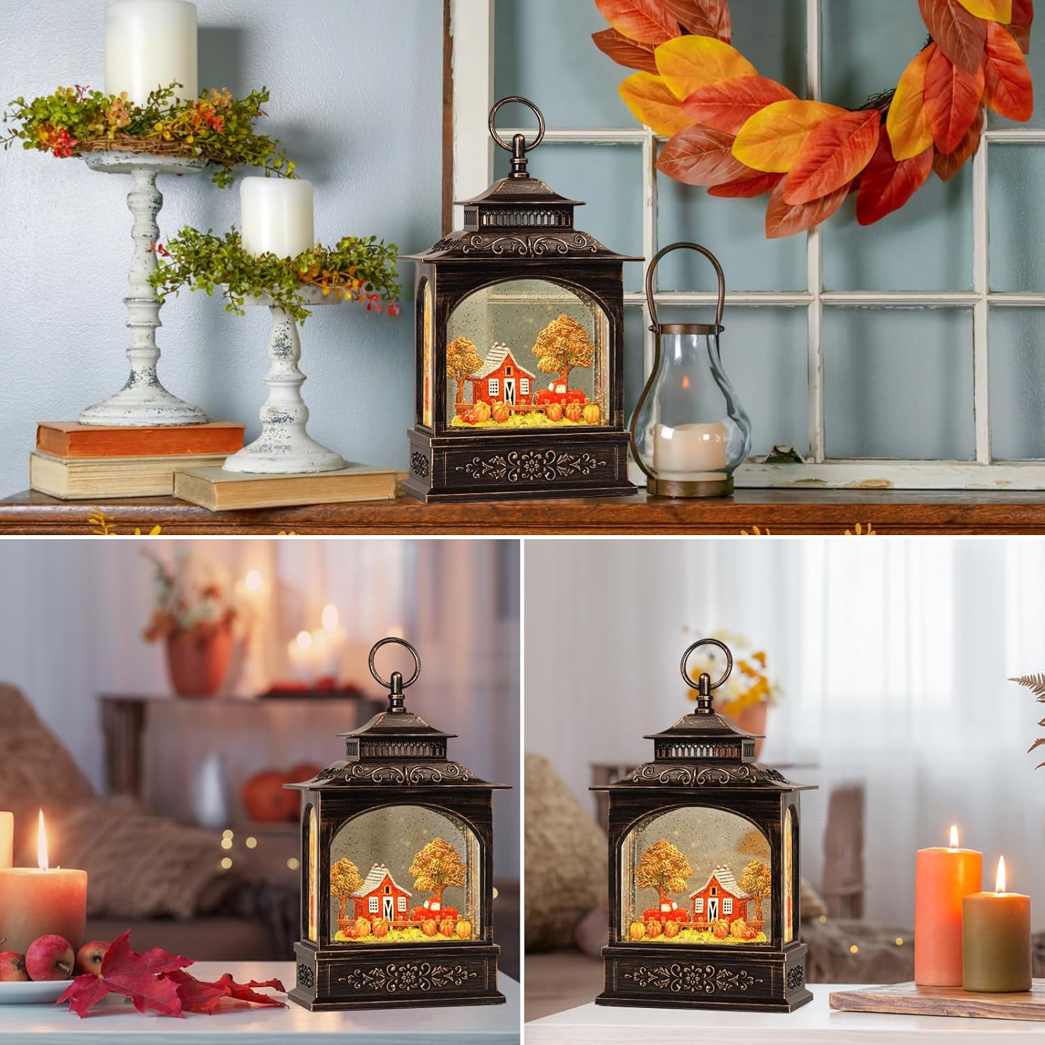 Fall Snow Globe Lantern with Timer and 2 Power Options