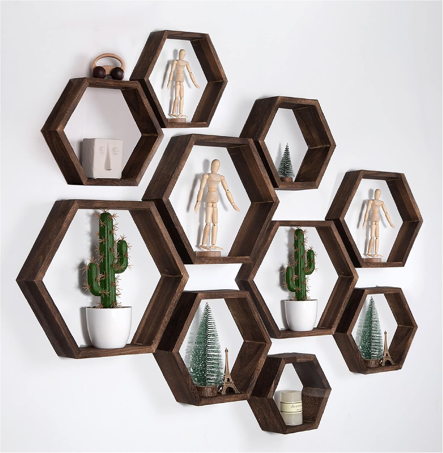 WONFUlity Hexagon Floating Shelf Wall Mount Wood Decor