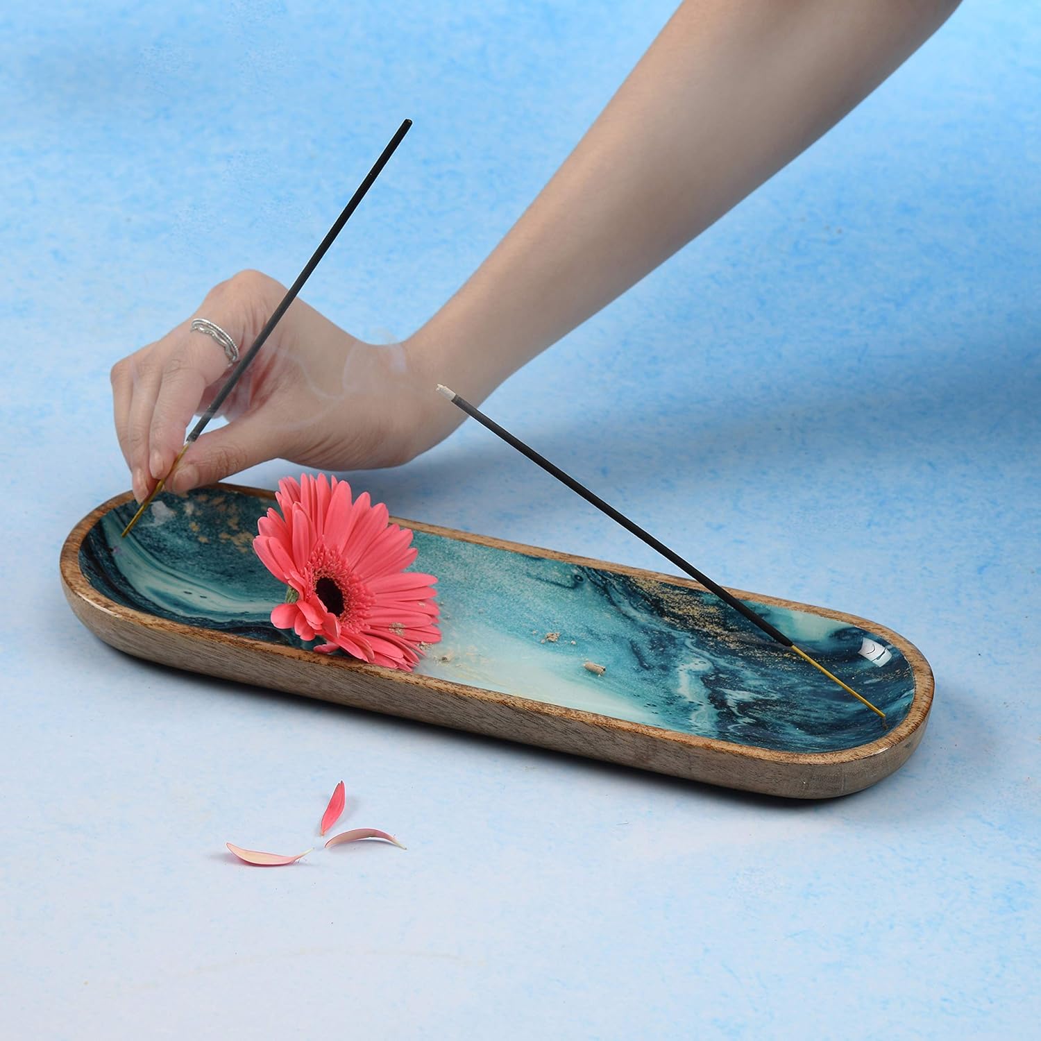 Folkulture Blue Mango Wood Incense Holder 12 Inches