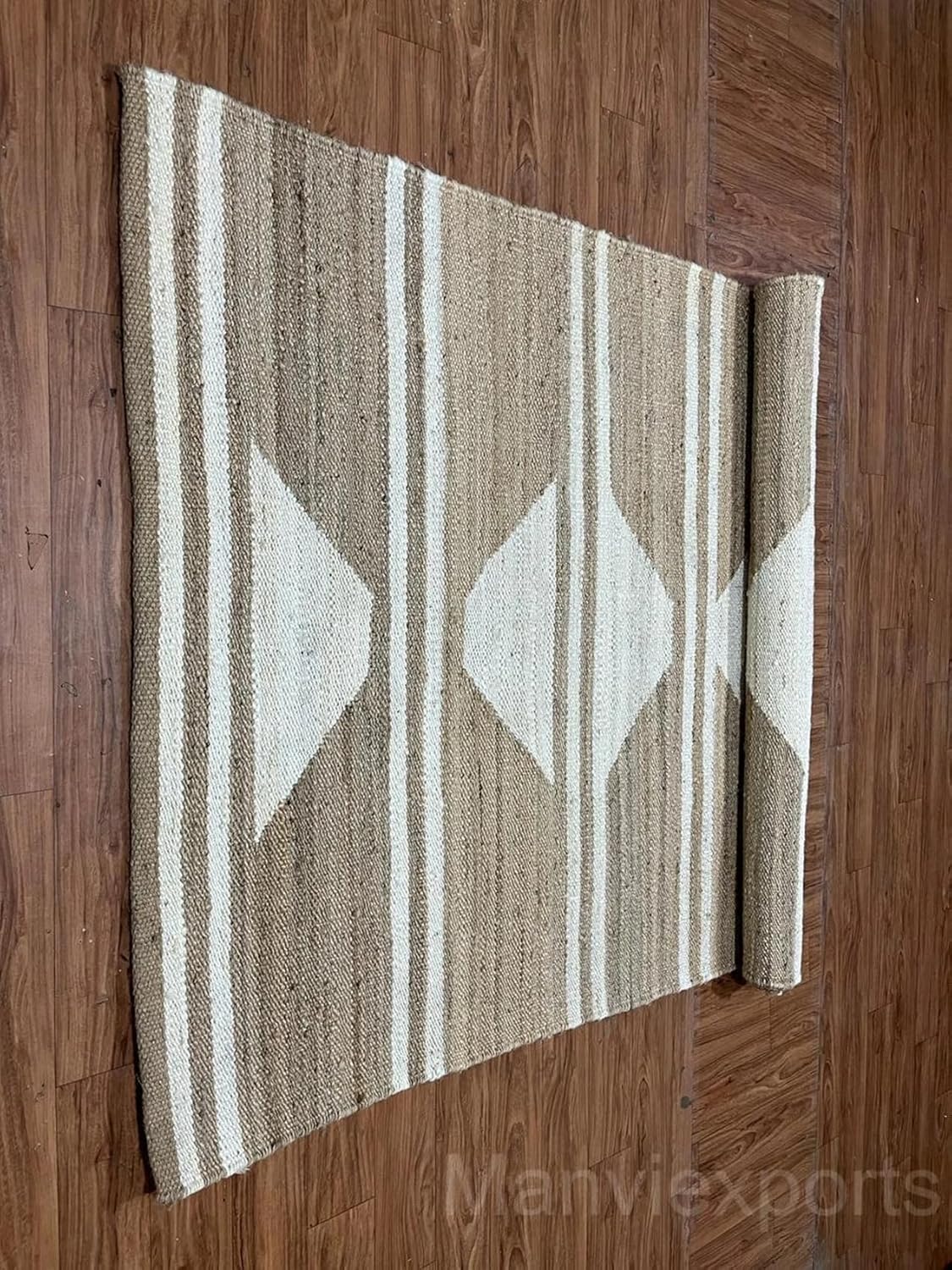 White Striped Jute Runner Rug - Custom Size Diamond Pattern