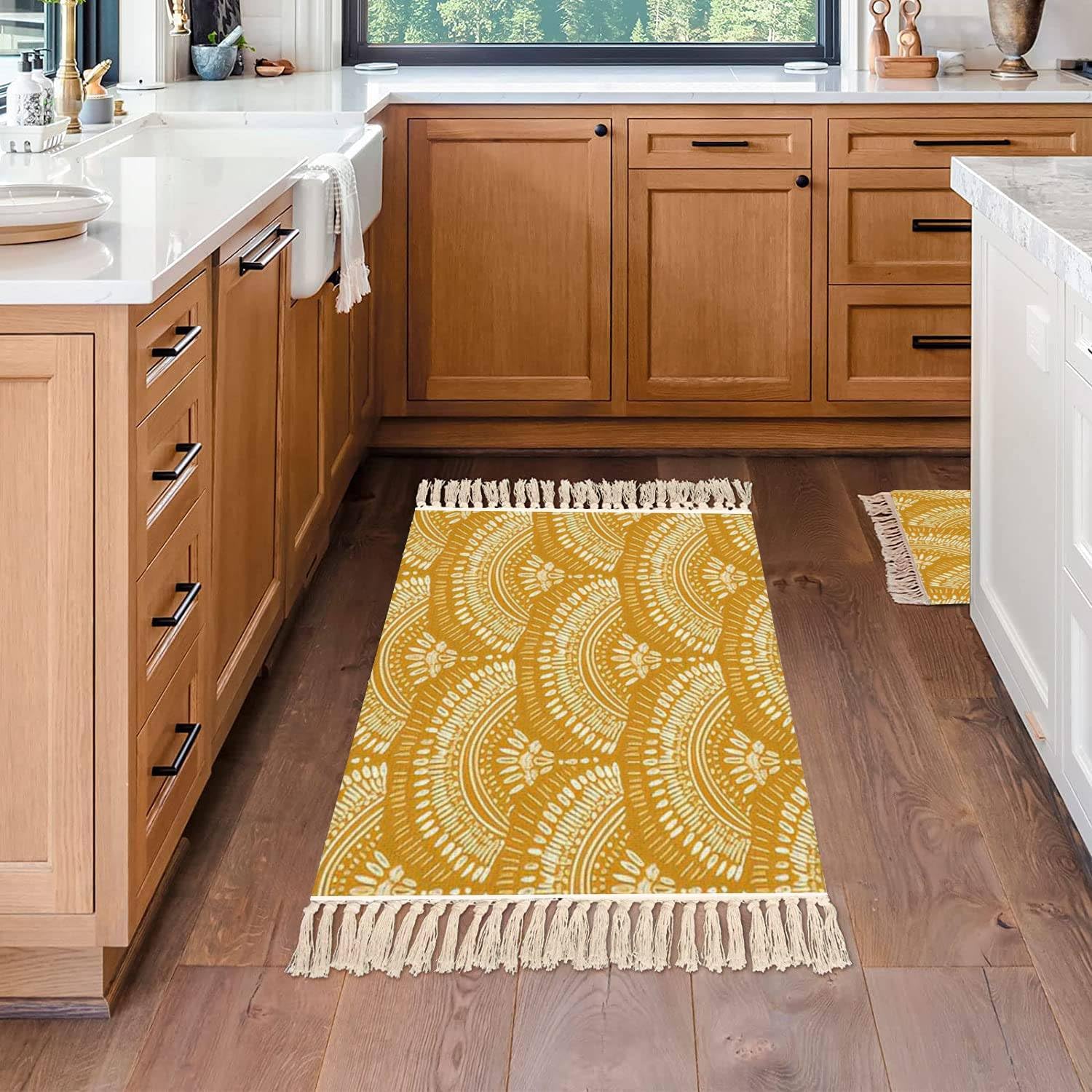 Boho Kid Bedroom Playroom Area Rug Mustard Yellow Tassels Carpet Mat Pad