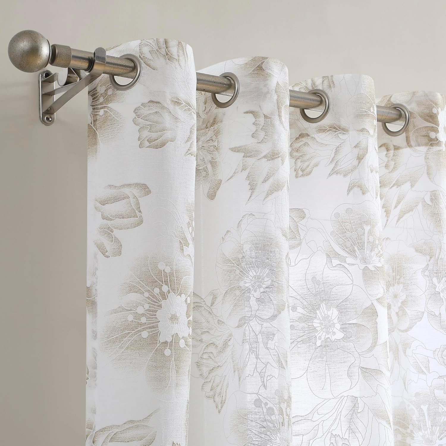 LinenZone White Curtains with Gold Flower Print and Embroidery