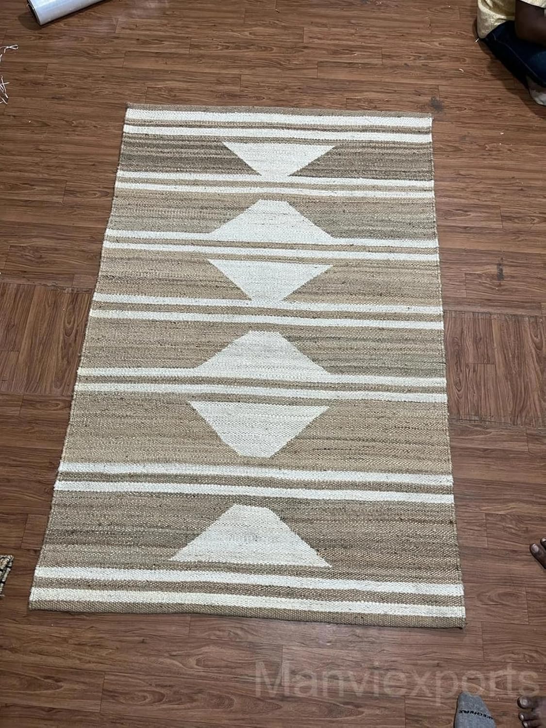 White Striped Jute Runner Rug - Custom Size Diamond Pattern