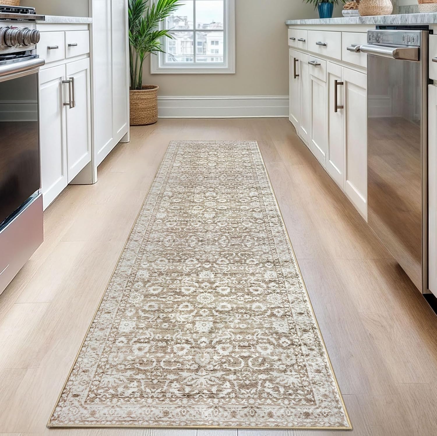 Lansny Hallway Runner Rug 2x8 Feet Beige White Floral