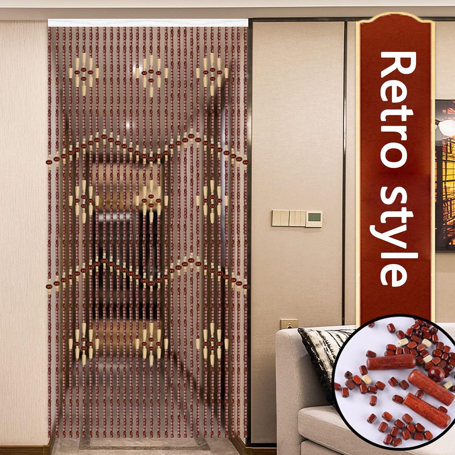 KDDEON Natural Wood Beaded Curtains with Track 31 Strands