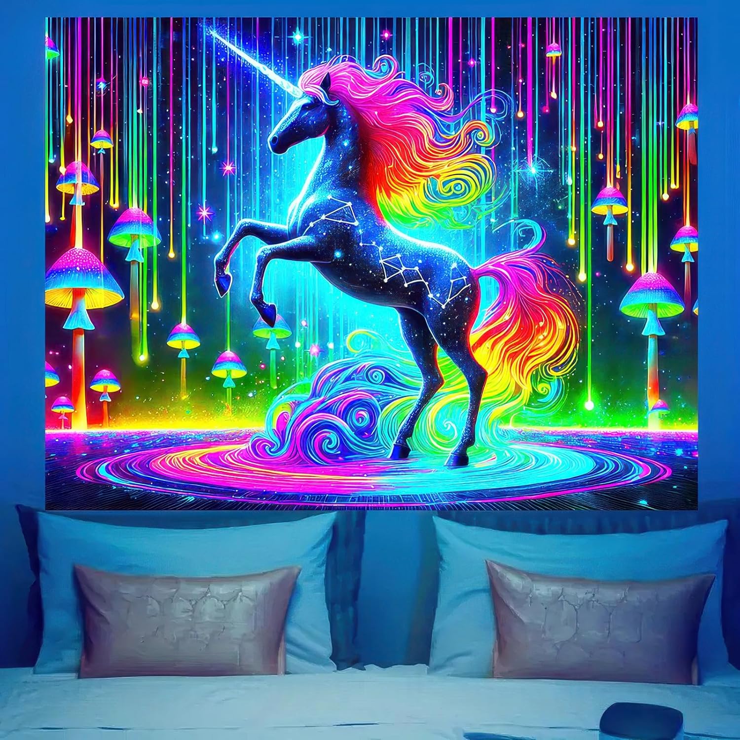 BlissYard UV Reactive Unicorn Wall Tapestry