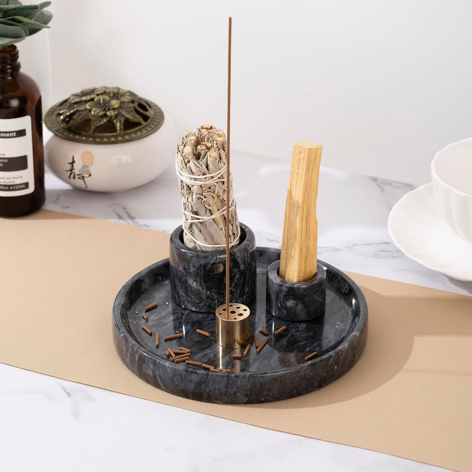4 in 1 Natural Marble Incense Holder with 9 Holes - Black