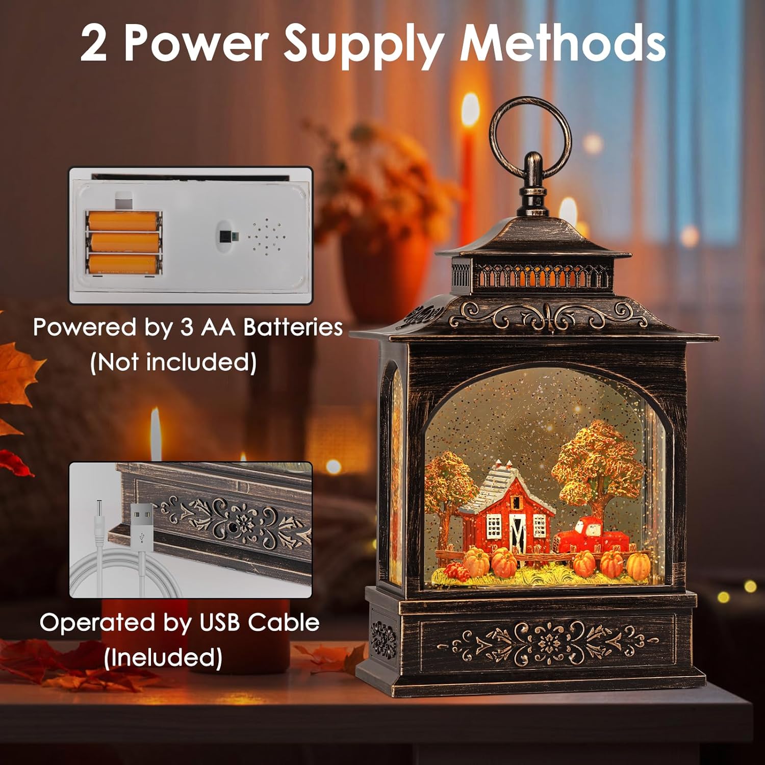 Fall Snow Globe Lantern with Timer and 2 Power Options