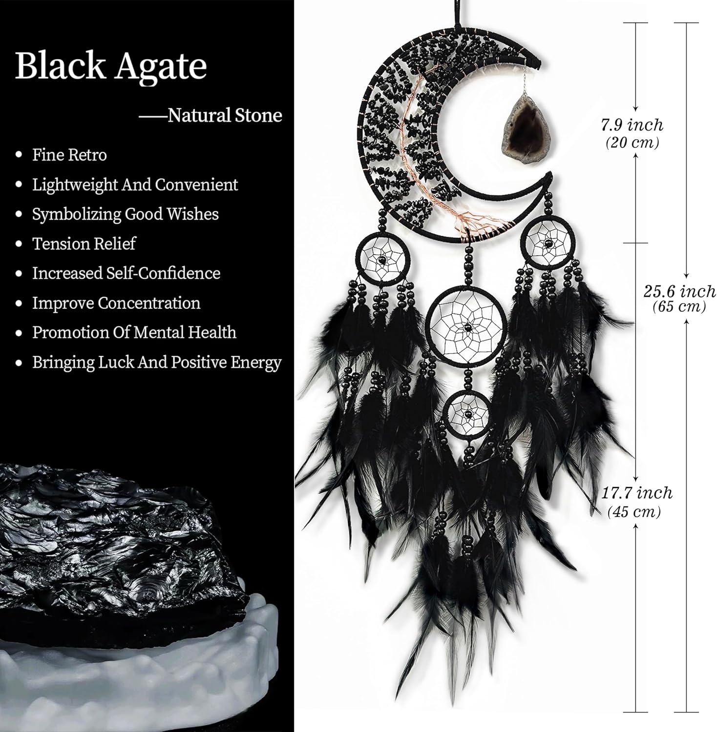 Black Gemstone Agate Dream Catcher with Tree of Life