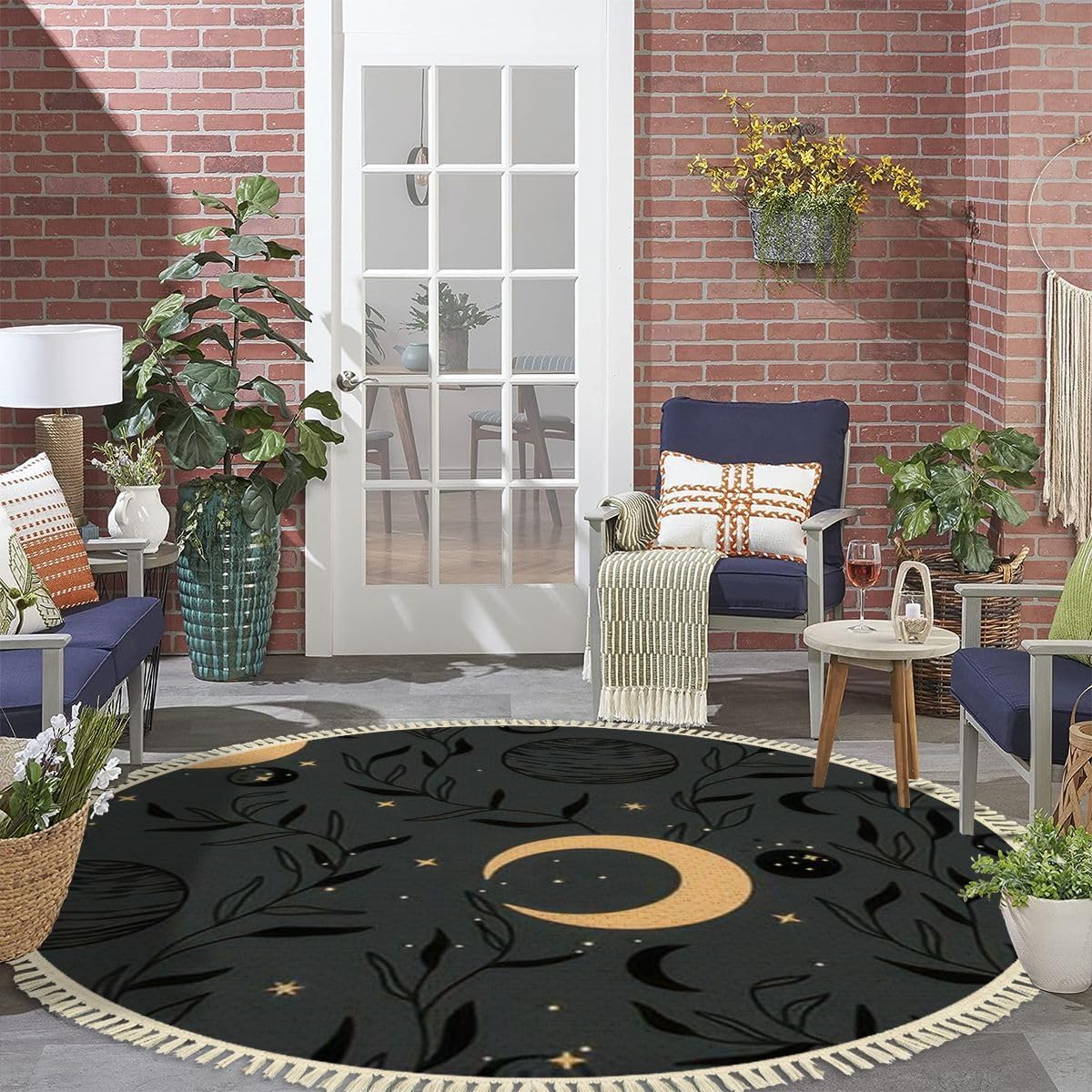 4 Round Tassels Carpet Bohemian Celestial Pattern Area Rug