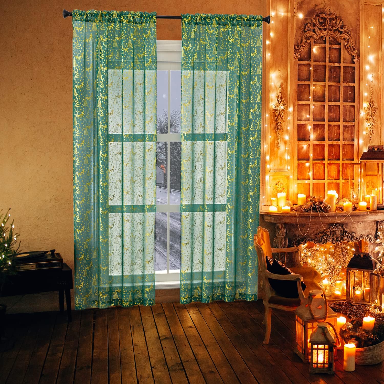 XTMYI 96 Inch 2 Panel Hunter Green Curtains with Lights