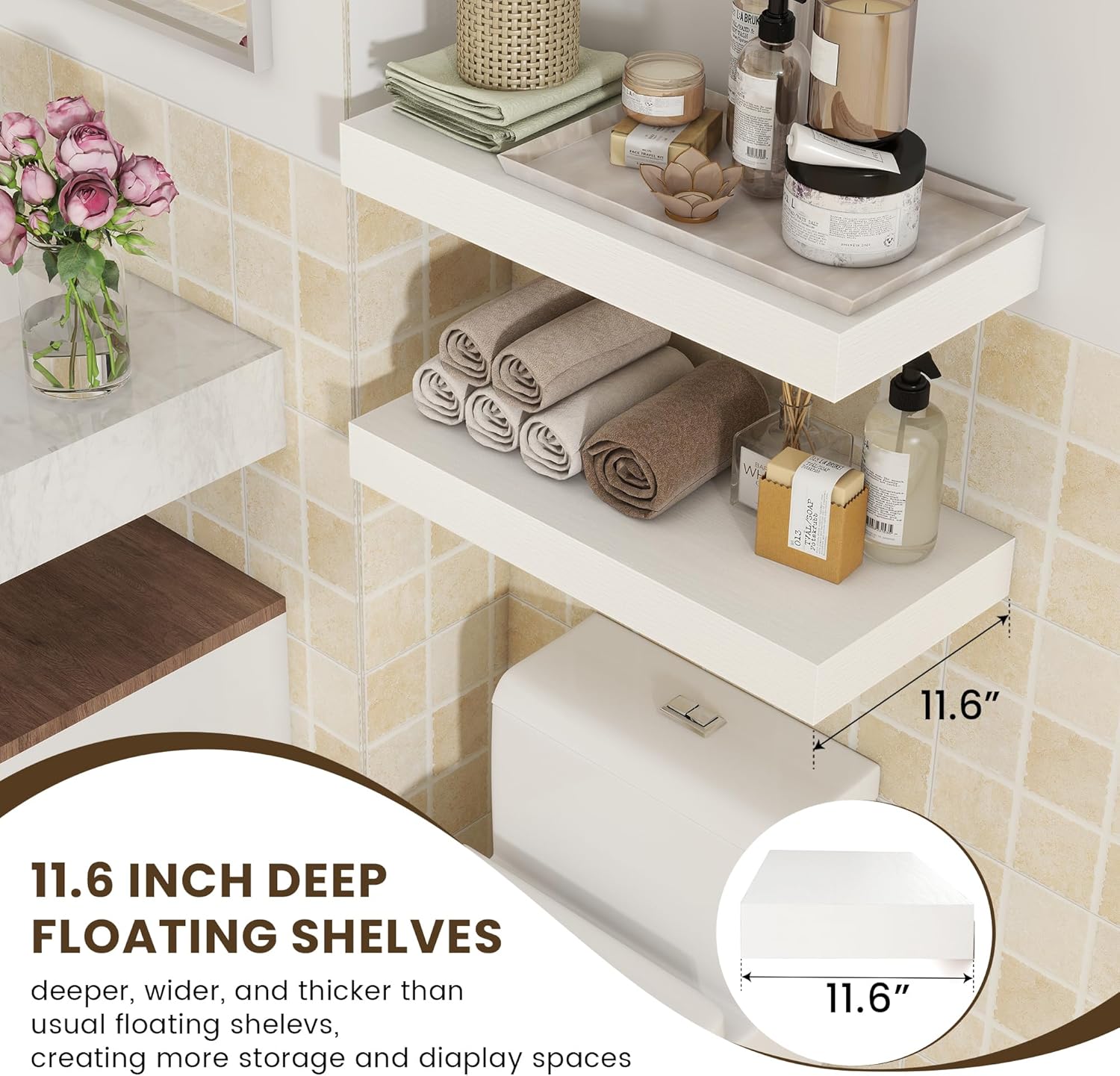 White Floating Shelves Set of 2 24x12 Deep Wood Shelves