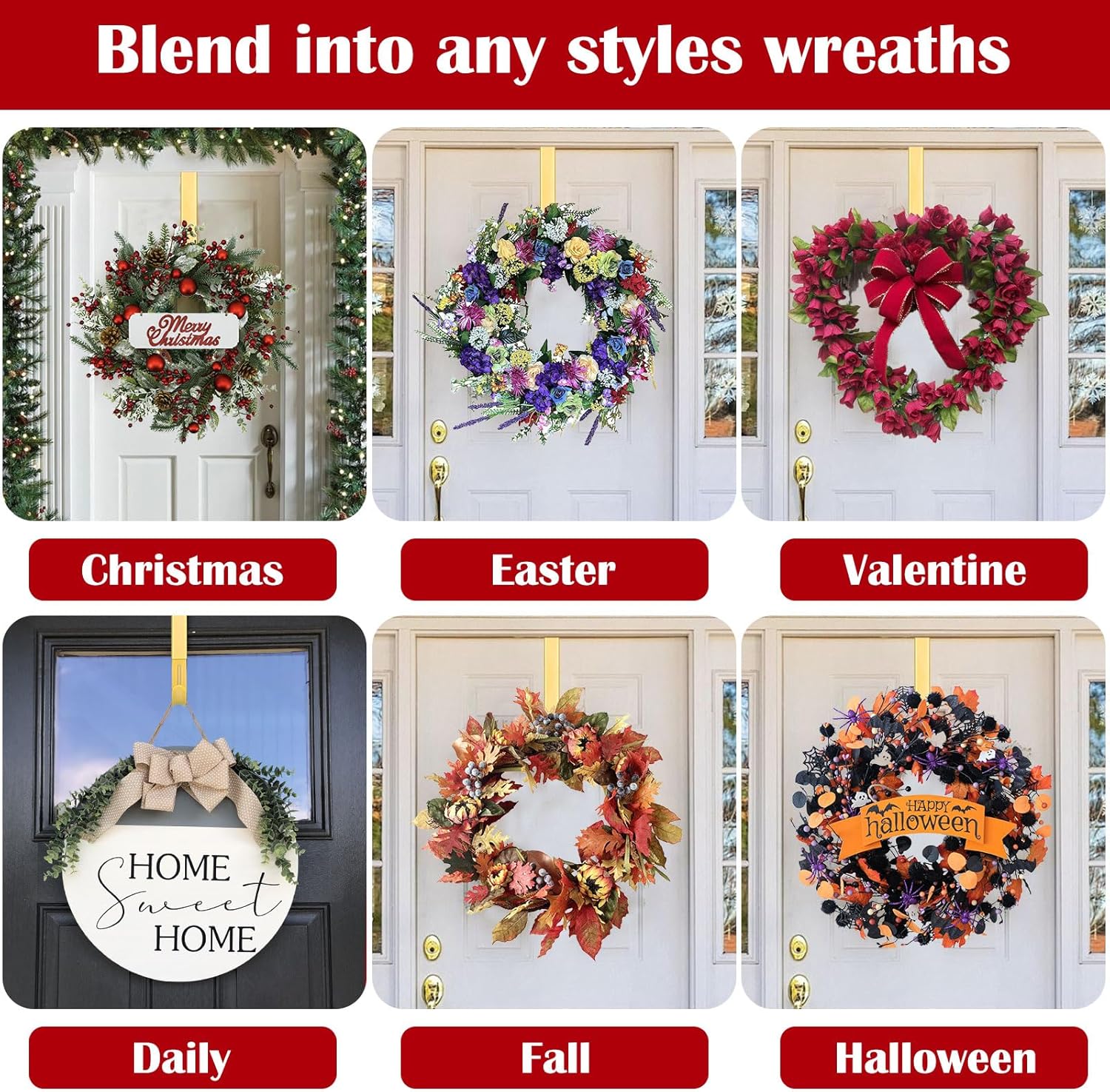 Adjustable Wreath Hanger for Front Door Non Scratch 20lbs Metal Hook