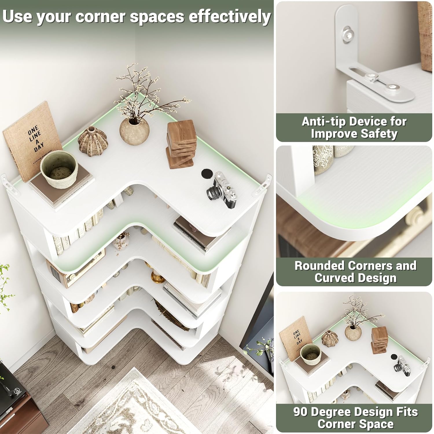 Armocity Corner Bookshelf - 6 Tier L Shaped Display Stand White