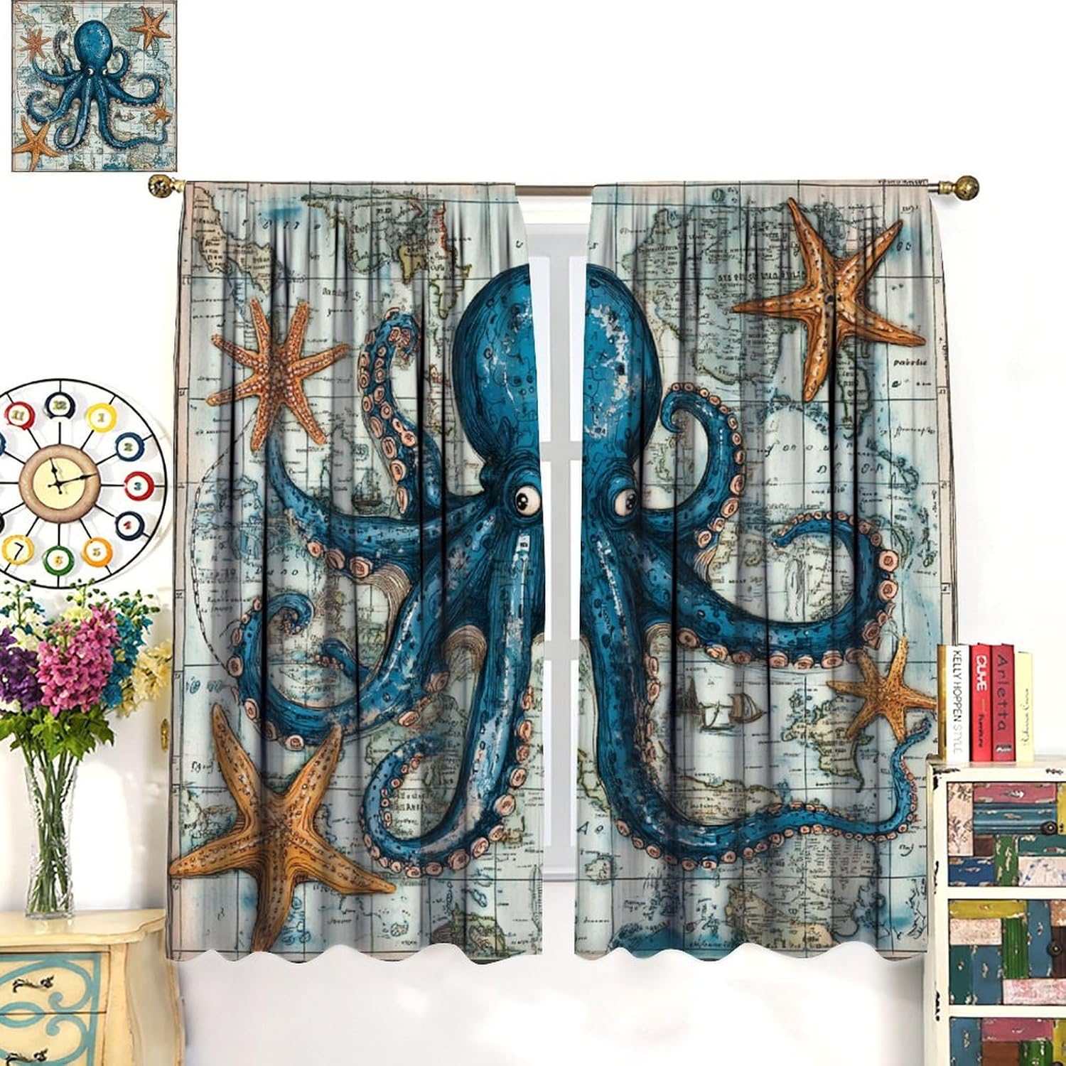 Blue Octopus Animal Blackout Curtains 2 Panels