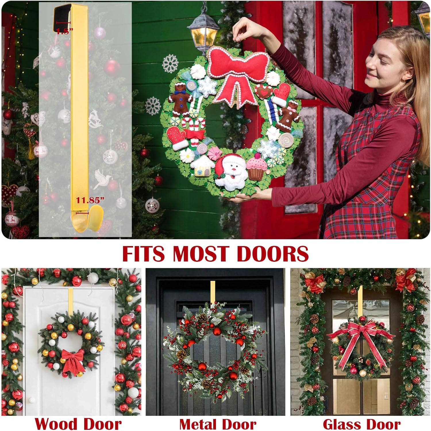 Adjustable Wreath Hanger for Front Door Non Scratch 20lbs Metal Hook