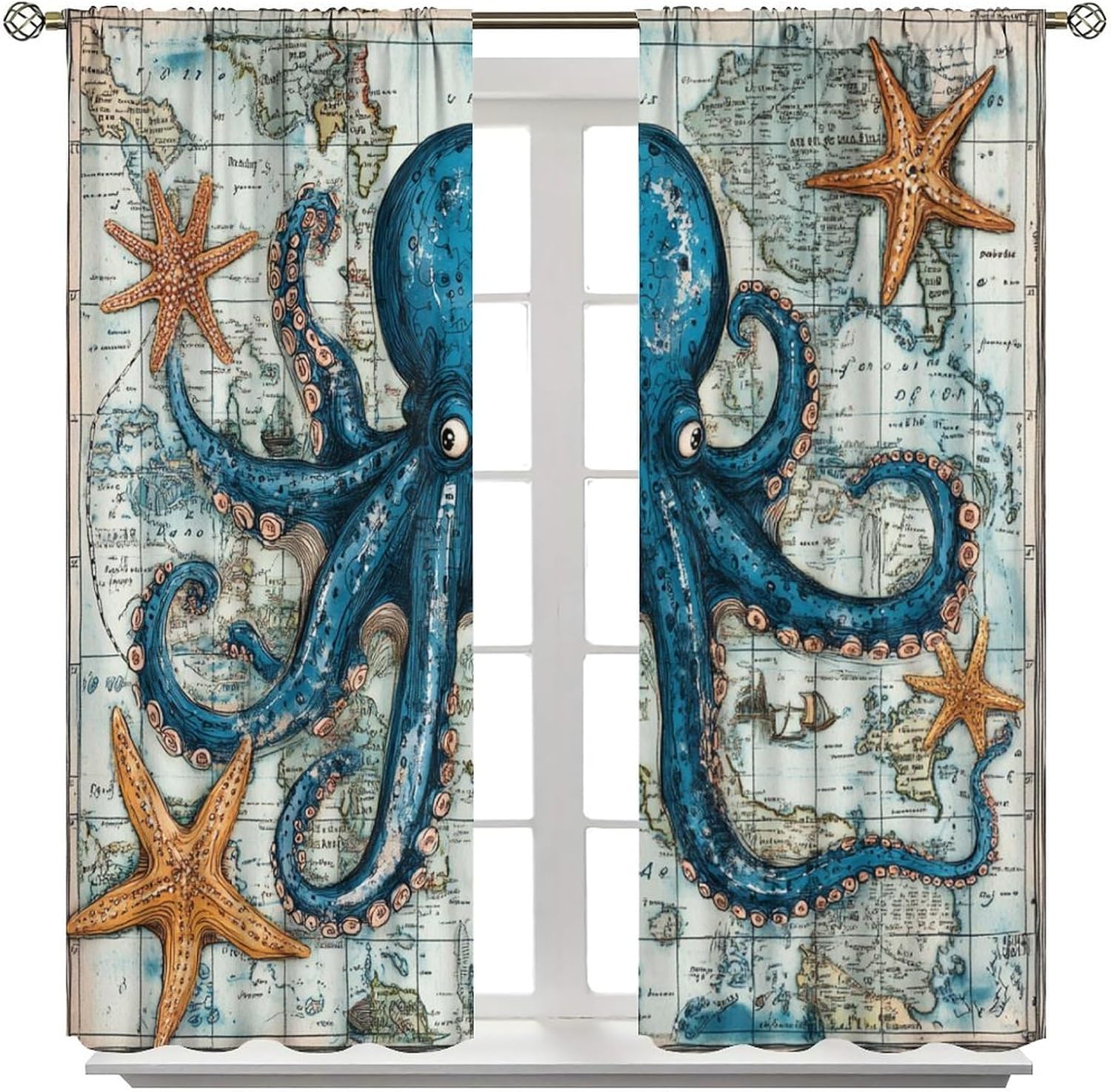 Blue Octopus Animal Blackout Curtains 2 Panels