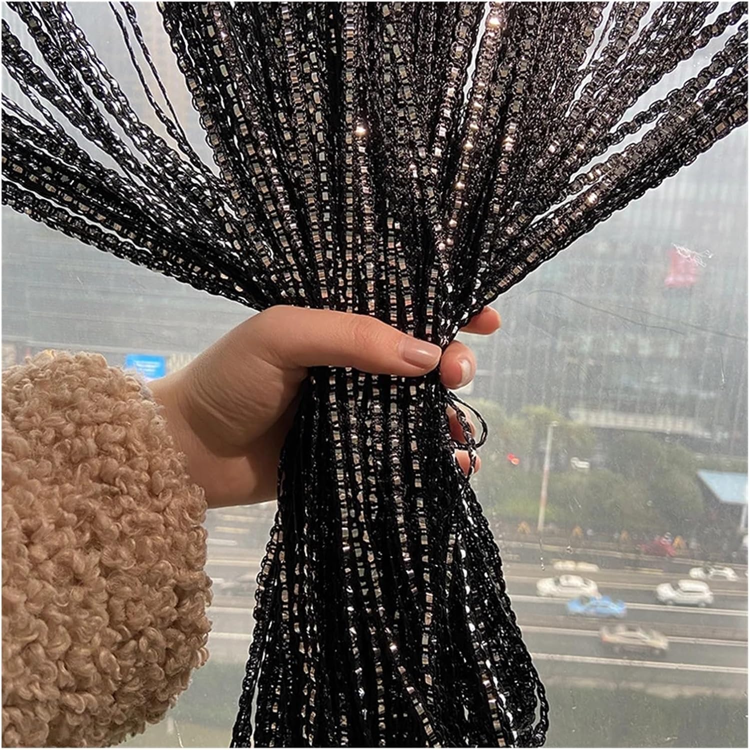 Deep Blue Shimmer Tassel String Curtain for Room Divider