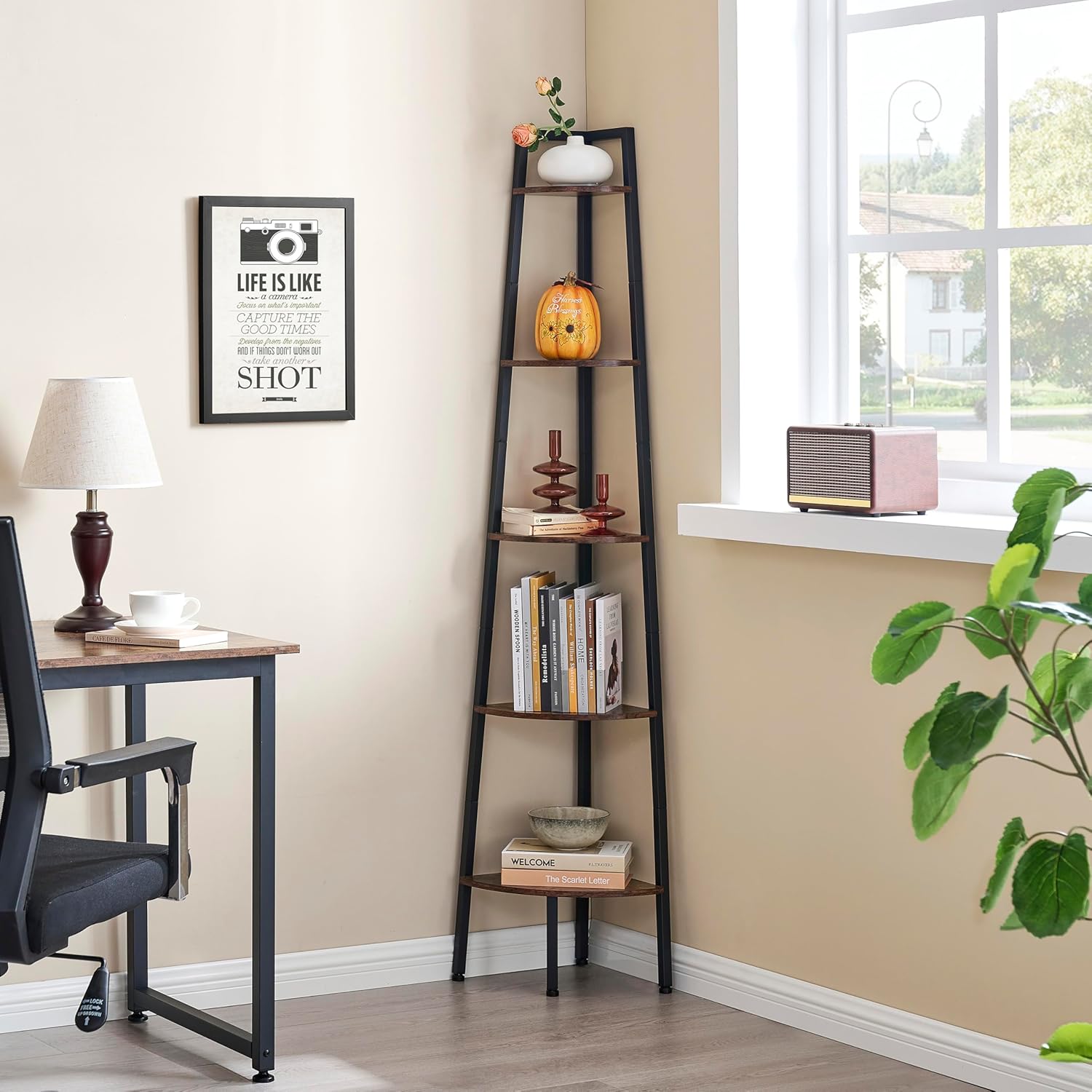 Hoctieon 5-Tier Corner Bookshelf with Rustic Brown Finish
